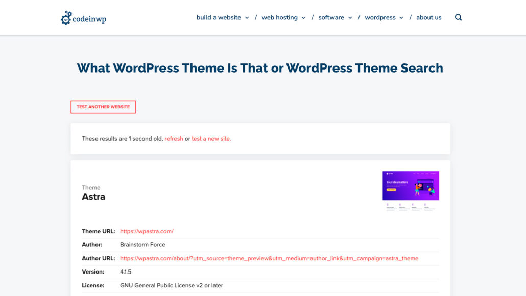 Descobrir temas de sites usando o What Theme by CodeinWP